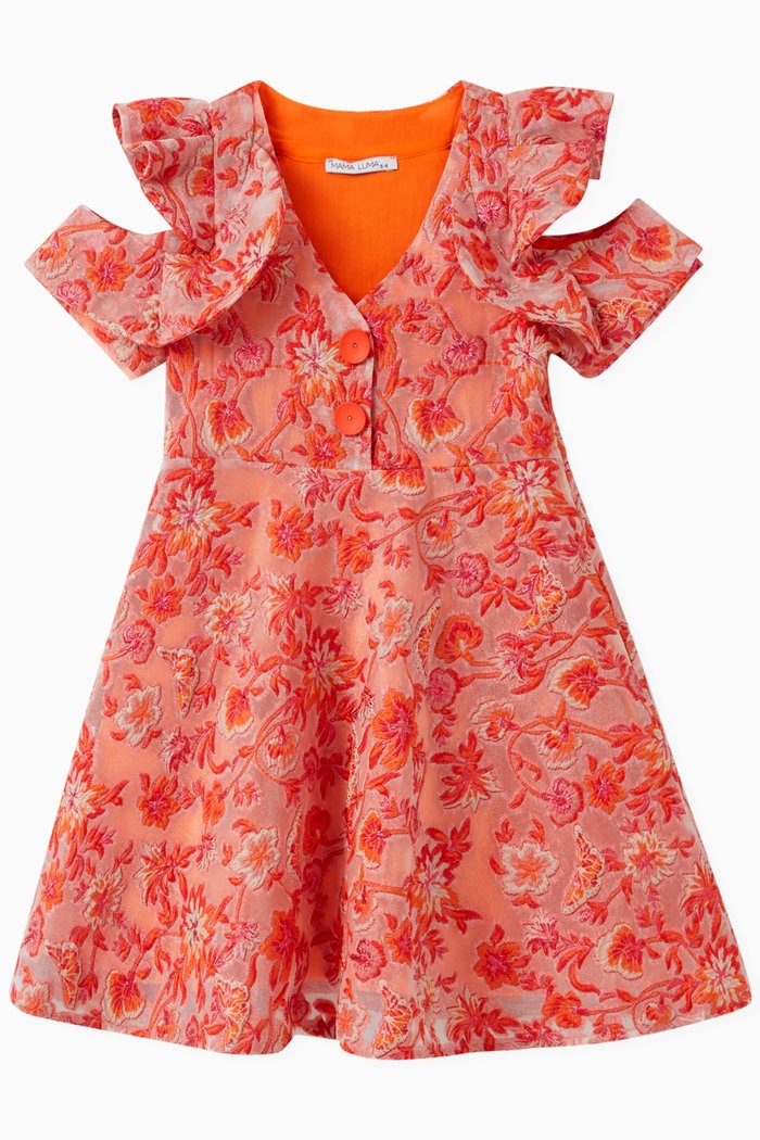

Frilled Floral Dress in Polyester, Orange