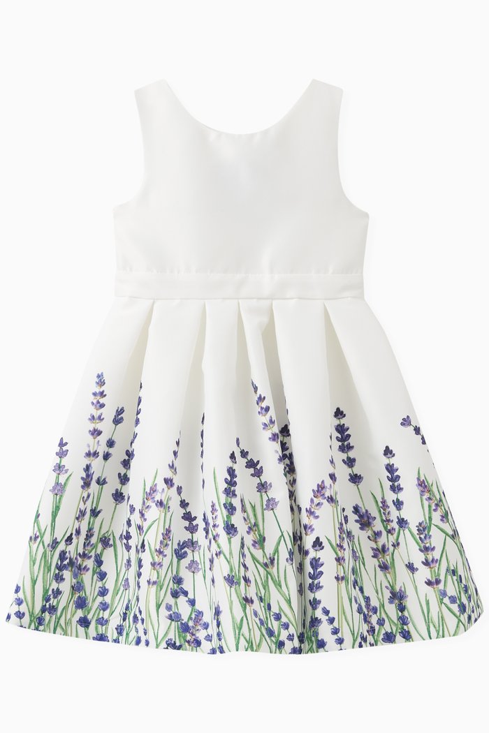 

Pleated Floral-print Dress in Polyester, White