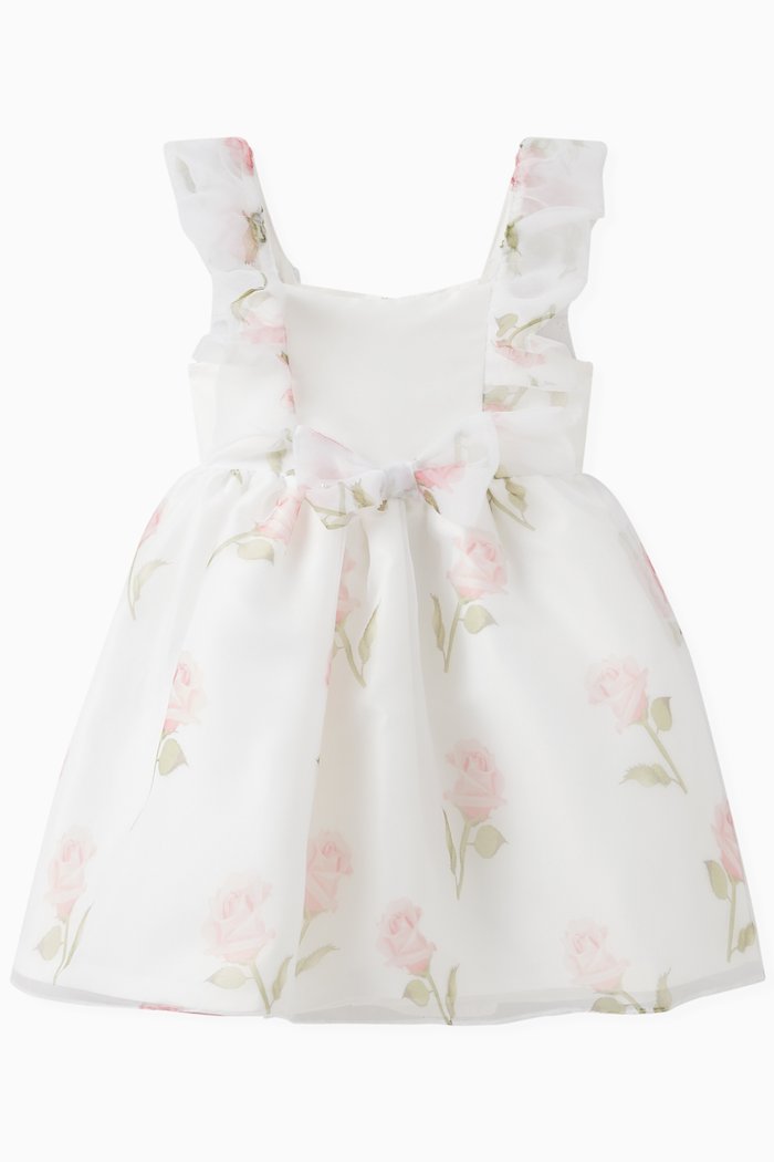

Ruffled Roses Print Dress in Organza, White