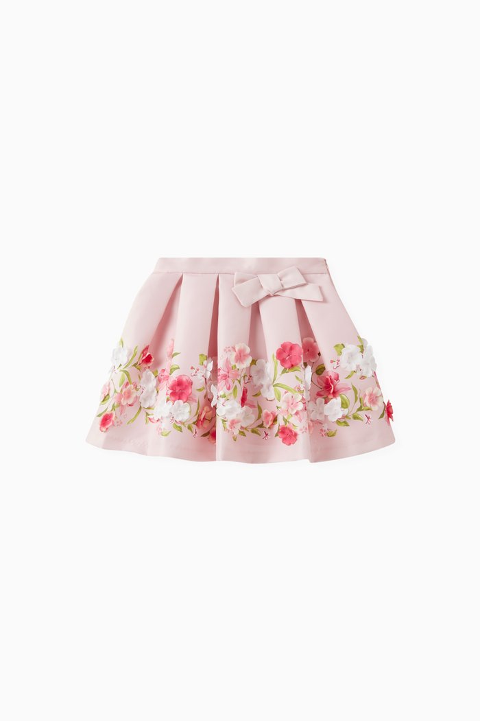 

Pleated Floral Skirt in Polyester, Pink