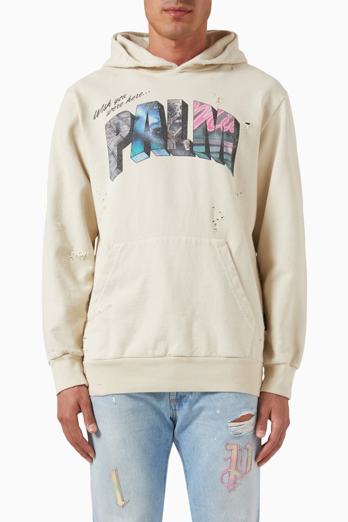 

Graphic Logo Print Distressed Hoodie in Cotton & Nylon, White