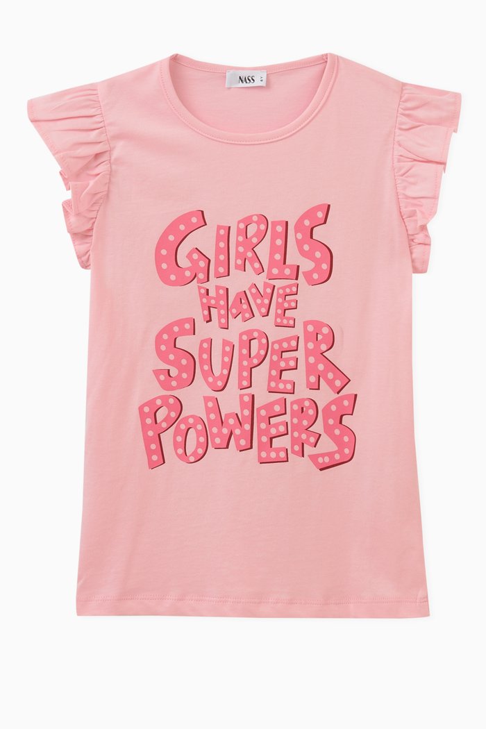 

Ruffle-sleeves Text Print T-shirt in Cotton, Pink