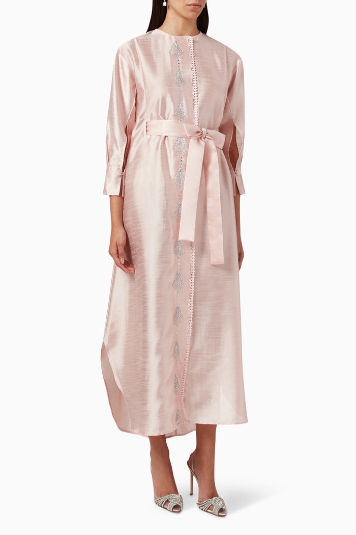 

Rosewater Belted Maxi Dress in Raw-silk, Pink