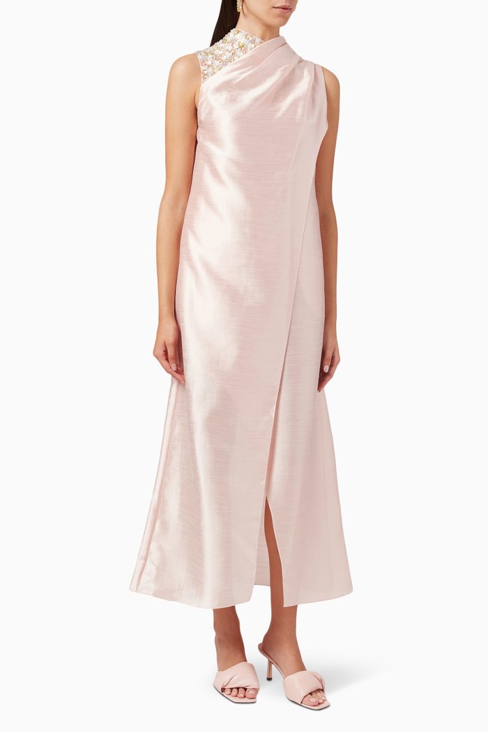 

Pearl Asymmetrical Drape Maxi Dress, Pink
