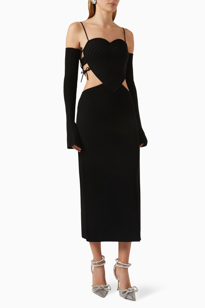 

Heart-shaped Bow-strap Midi Dress in Viscose-blend Knit, Black