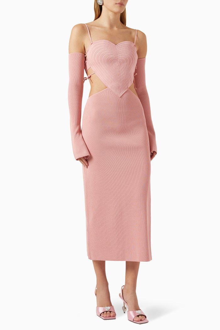 

Heart-shaped Bow-strap Midi Dress in Viscose-blend Knit, Pink