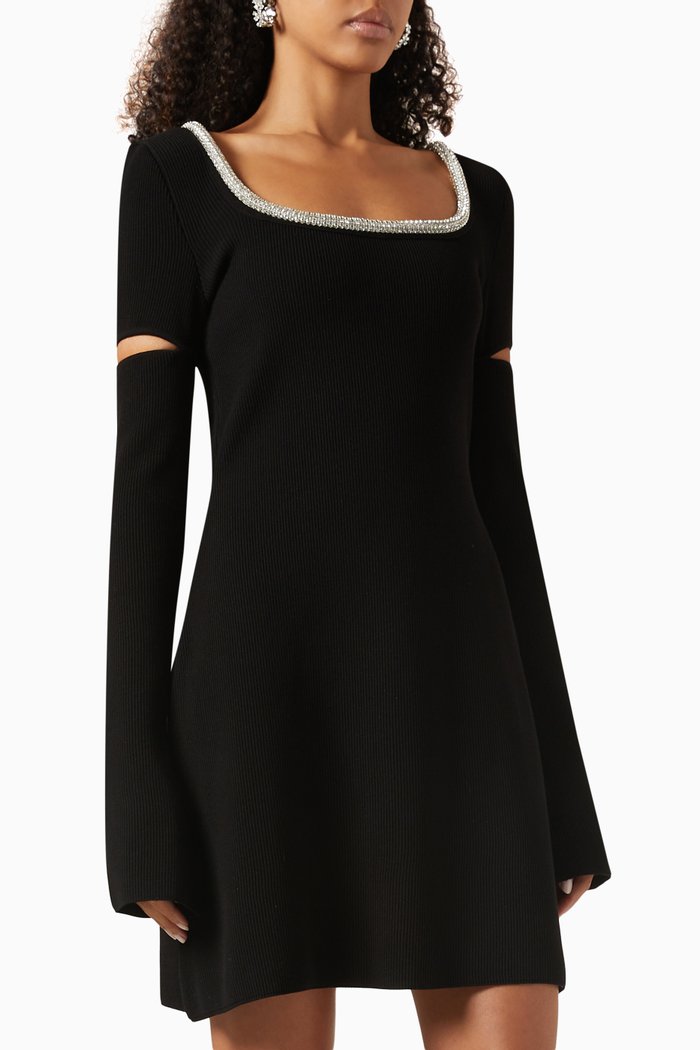 

Crystal-embellished Cut-out Mini Dress in Rib-knit, Black