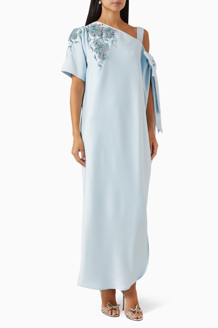 One-shoulder Embellished Kaftan, Blue
