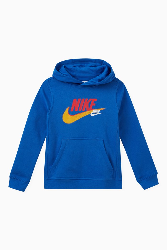 

Graphic Logo Print Hoodie in Cotton Fleece Blend, Blue