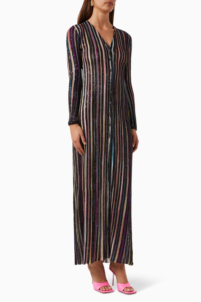 

Sequin-embellished Striped Maxi Cardigan in Viscose-blend Knit, Black
