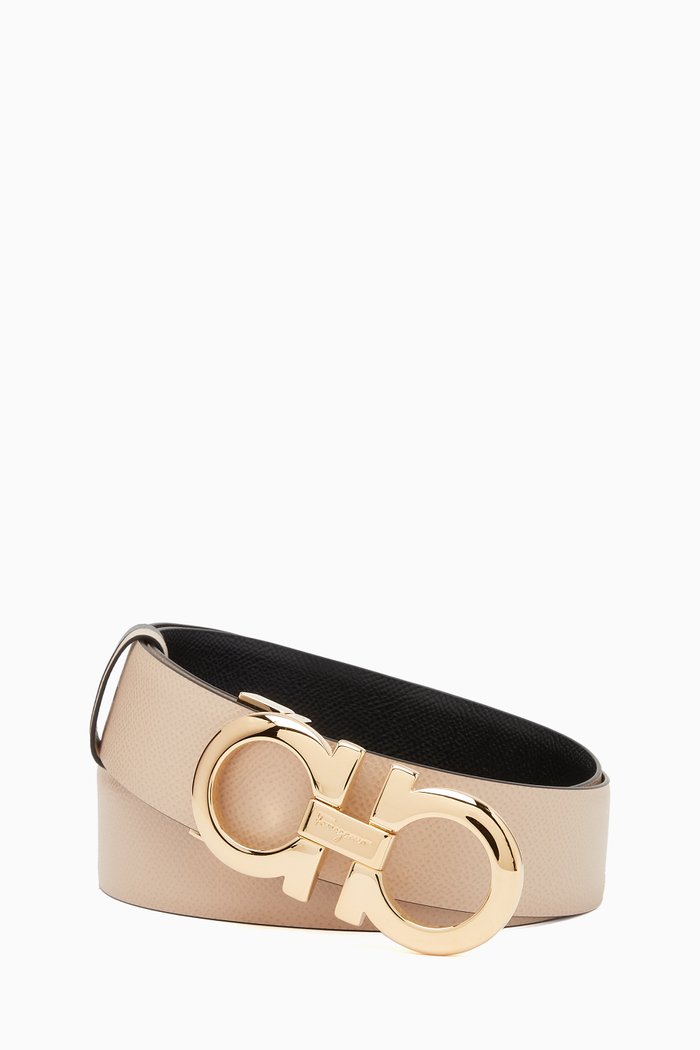 Reversible Gancini Belt in Leather, Orange