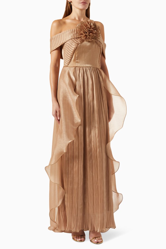 

Pleated Off-The-Shoulders Gown, Gold