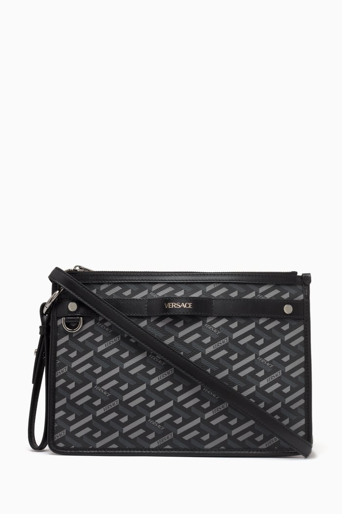 

La Greca Pouch Bag in Canvas & Calf Leather, Multicolour