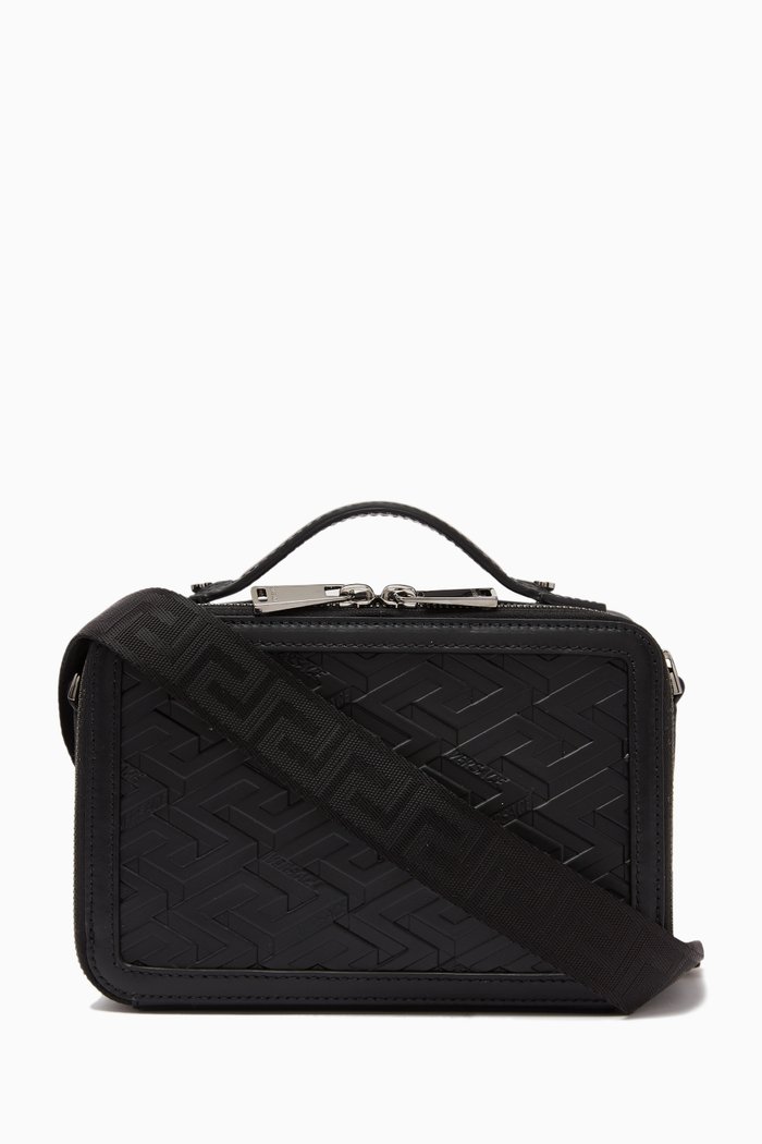 

Greca Signature Messenger Bag in Leather, Black