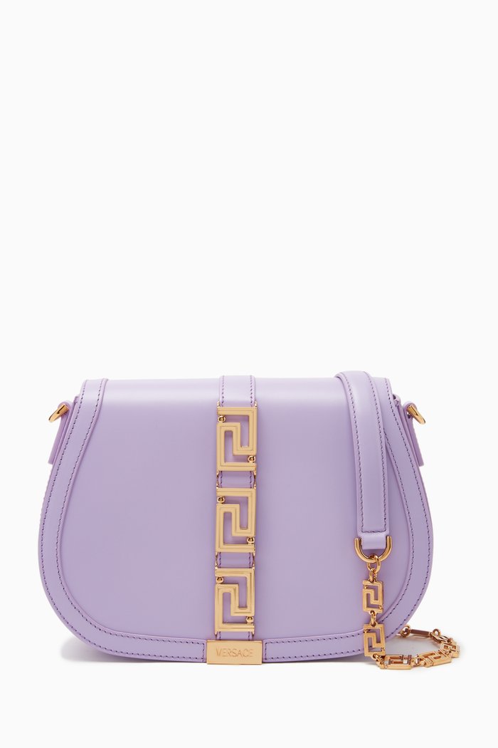 Greca Goddess Large Shoulder Bag in Leather, Purple
