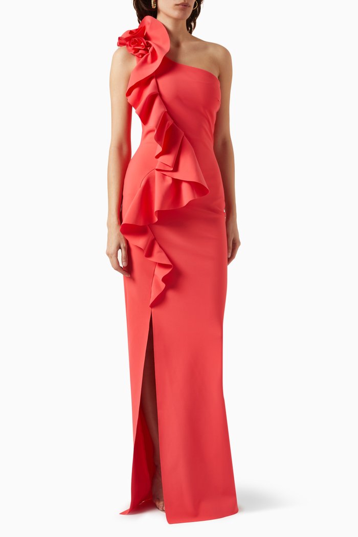 

Pervinca Asymmetric Ruffled Maxi Dress, Red