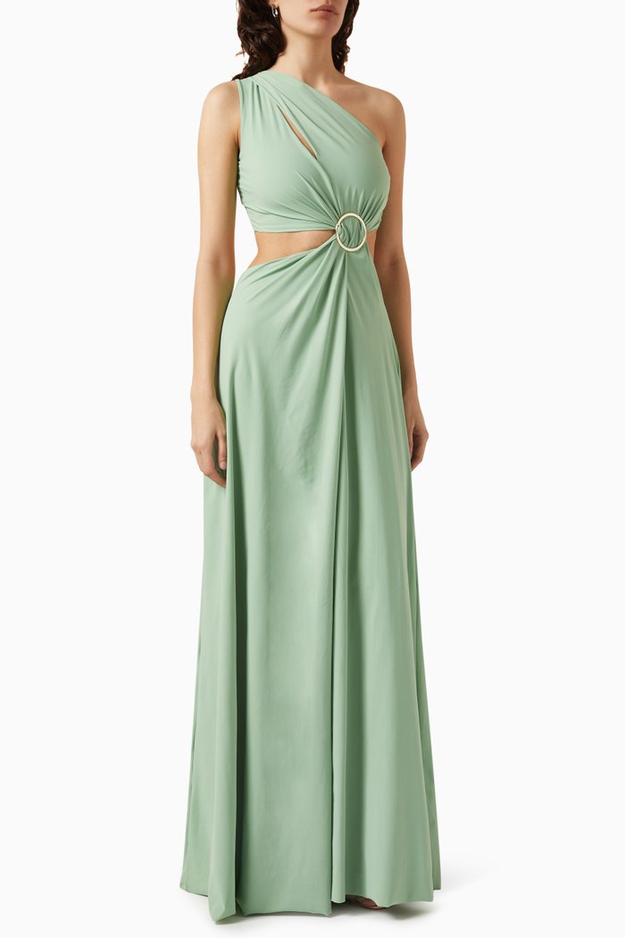 

Belted One-shoulder Maxi Dress, Green