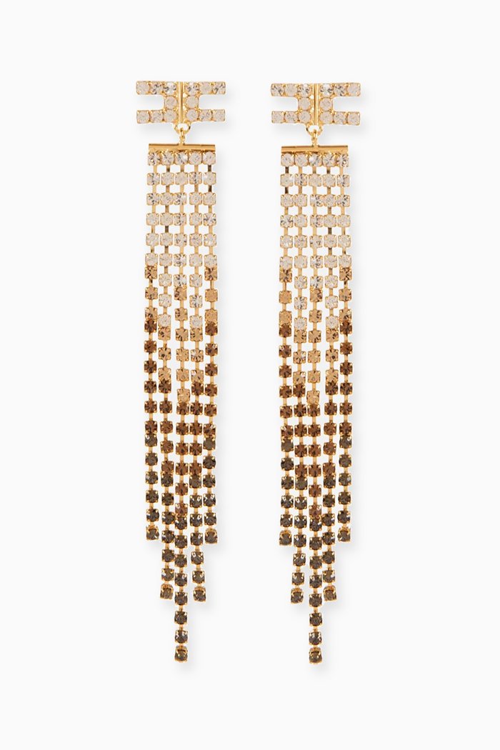 Rhinestone Chain Earrings in Metal, Brown