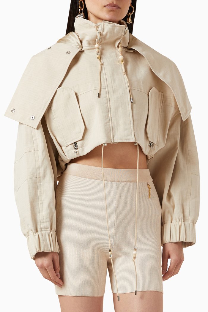 

Raphia Cropped Beaded Parka in Cotton-linen, Neutral