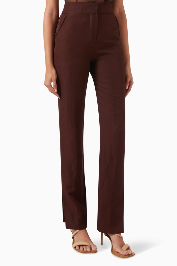 

Le Pantalon Tibau Slit Pants in Linen-blend, Brown