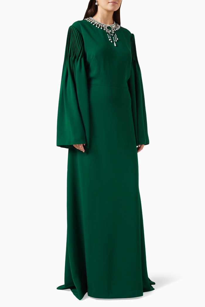 

Jeweled-neck Kaftan in Crepe, Green