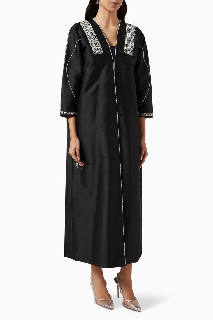 

Crystal & Pearl Embroidered Abaya in Crepe, Black
