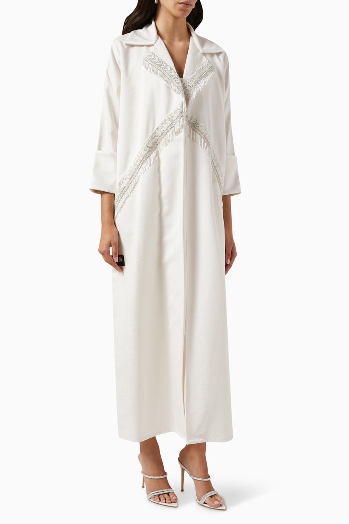 

Sequin Embroidered Blazer Abaya in Crepe, White