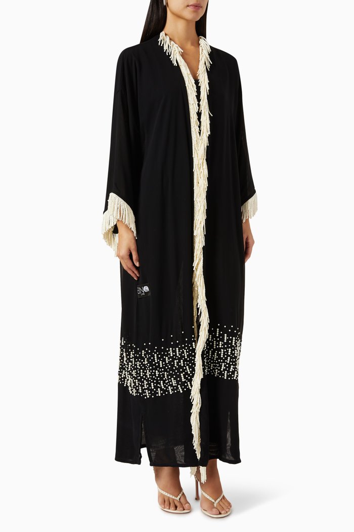 

Embellished Fringed Abaya in Chiffon, Black
