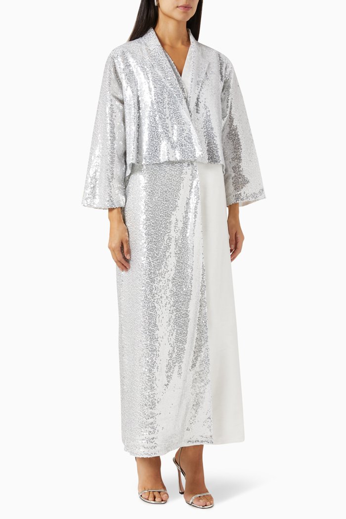 

Collar Trenchcoat Sequin-embellished Abaya in Silk, White
