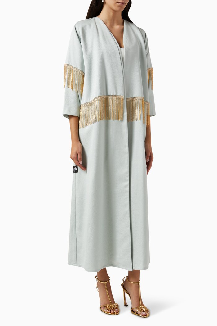 

Rhinestone Fringe Abaya in Crepe, Green