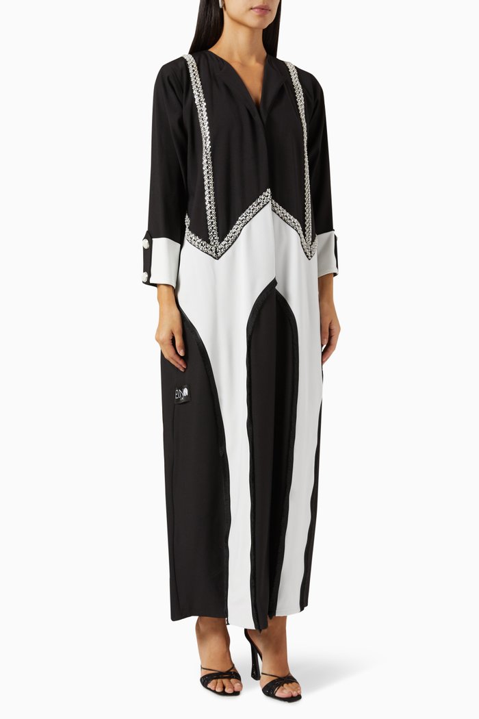 

Embellished Two-tone Abaya in Crepe, Black