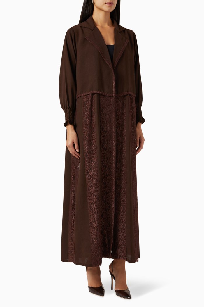 

Lace-trimmed Abaya in Cotton, Brown