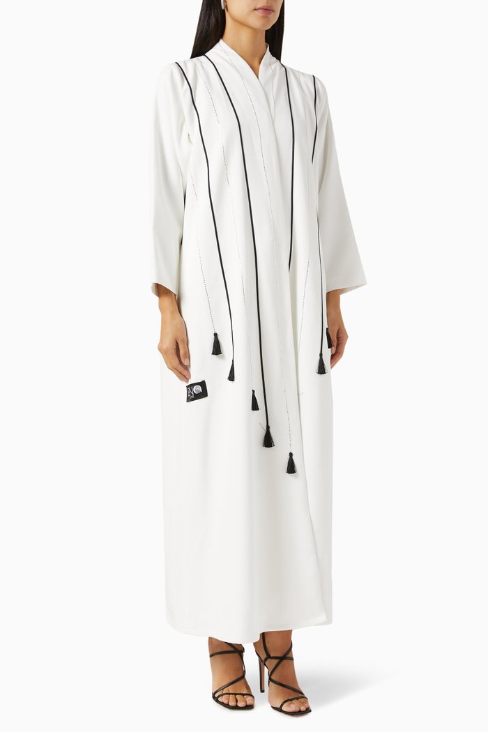 

Tassel-trimmed Two-tone Abaya in Crepe, White