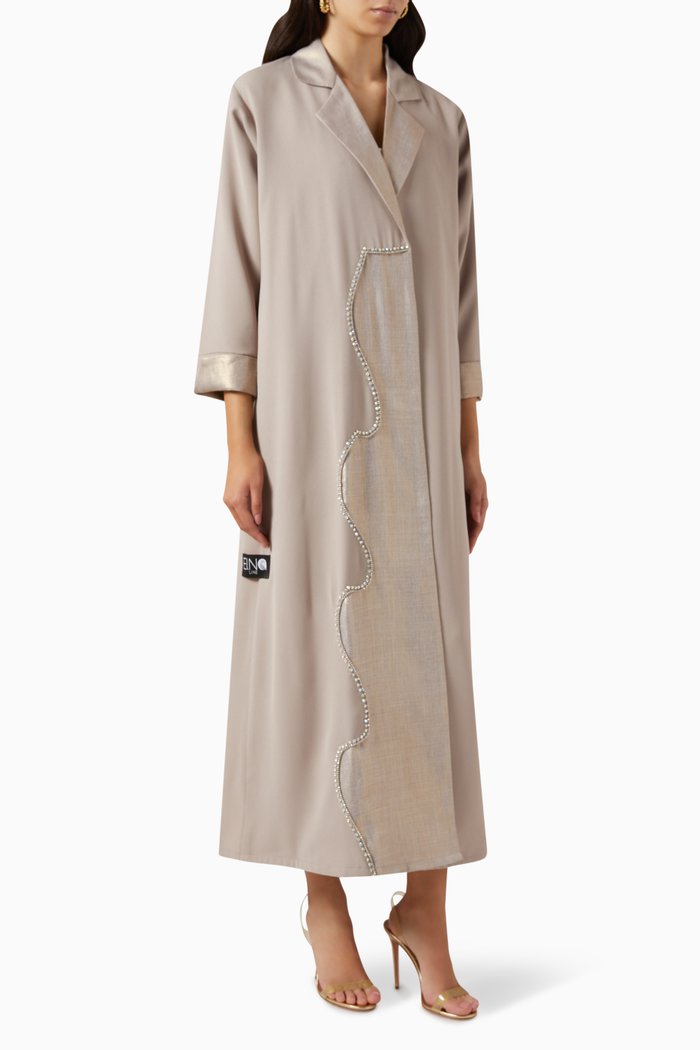 

Rhinestone-embellished Abaya in Crepe & Linen, Neutral