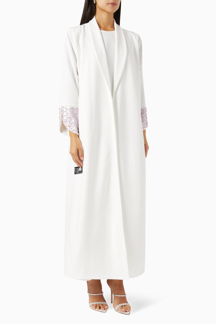 

Hand-embroidered Abaya Set in Crepe, White