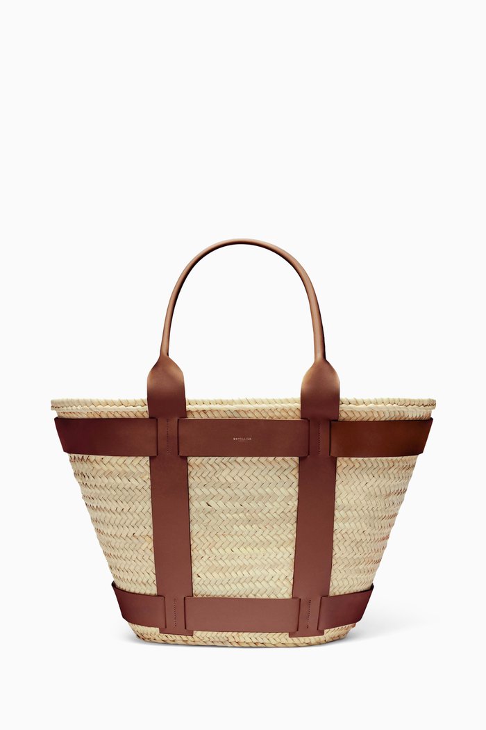 

Maxi Santorini Bag in Raffia & Leather, Brown