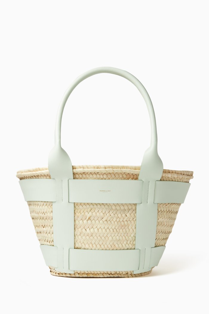 

Medium Santorini Tote Bag in Raffia & Leather, Green