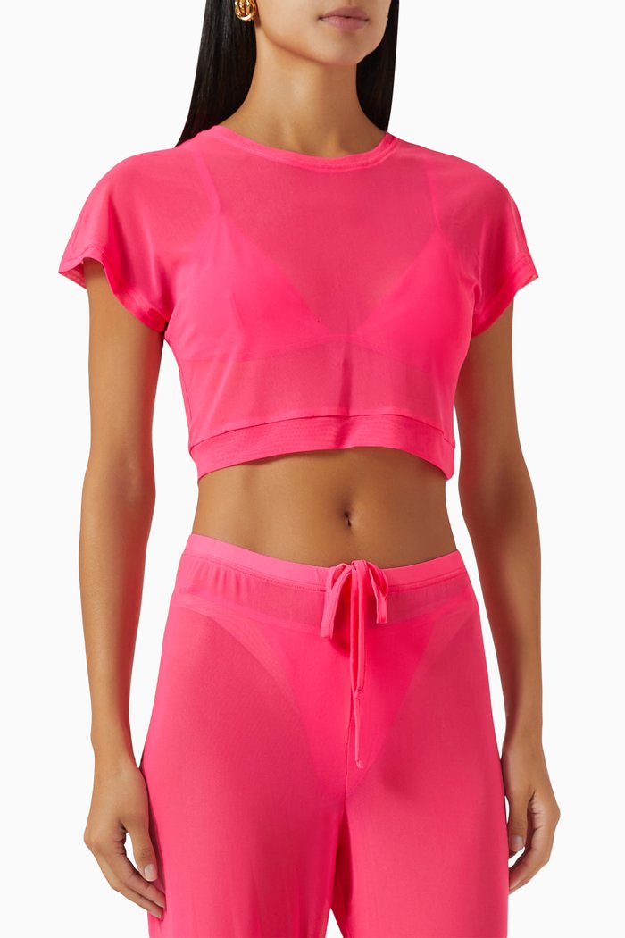 Sheer Crop Top in Mesh, Pink