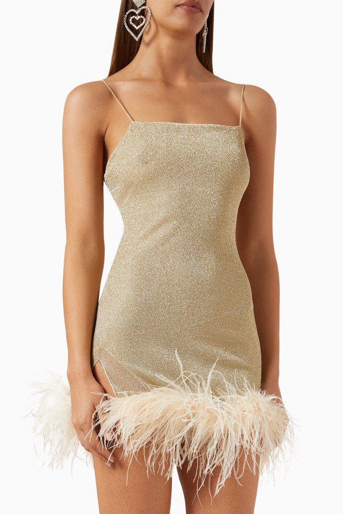 

Lumière Plumage Feather-trimmed Mini Dress in Lurex-blend, Gold