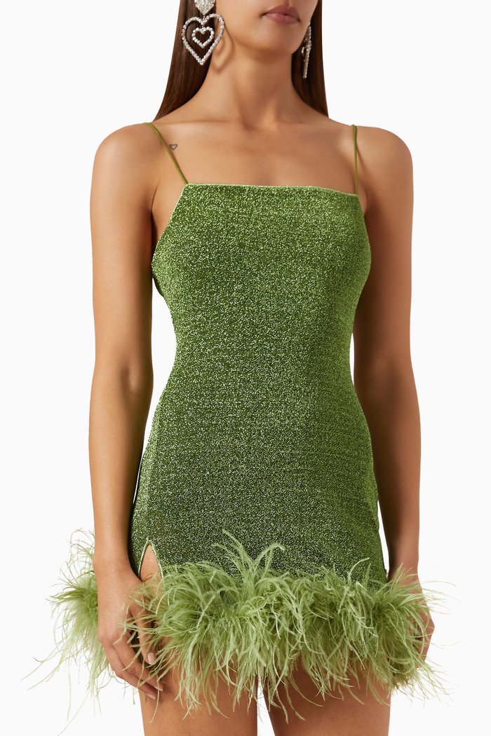 

Lumière Plumage Feather-trimmed Mini Dress in Lurex-blend, Green