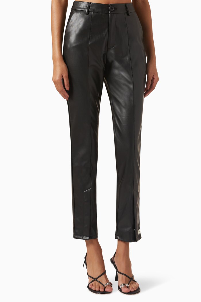 Pleather Skinny Fit Split Popper Pants in PLEATHER©, Black