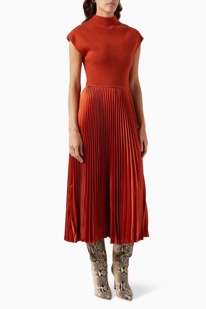 

Wonda Pleated Midi Dress in Satin & Cashmere-blend, Orange