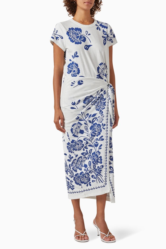 

Floral Print Maxi T-shirt Dress in Cotton & Linen Blend, Blue