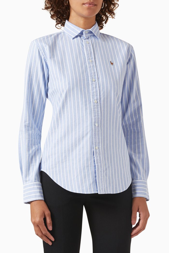 

Striped Knit Oxford Shirt in Cotton, Blue
