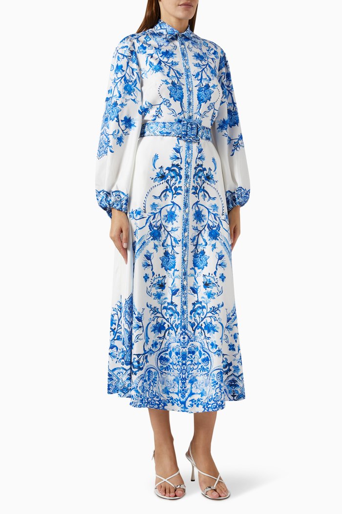 

Printed Belted Midi Dress in Silk, Blue