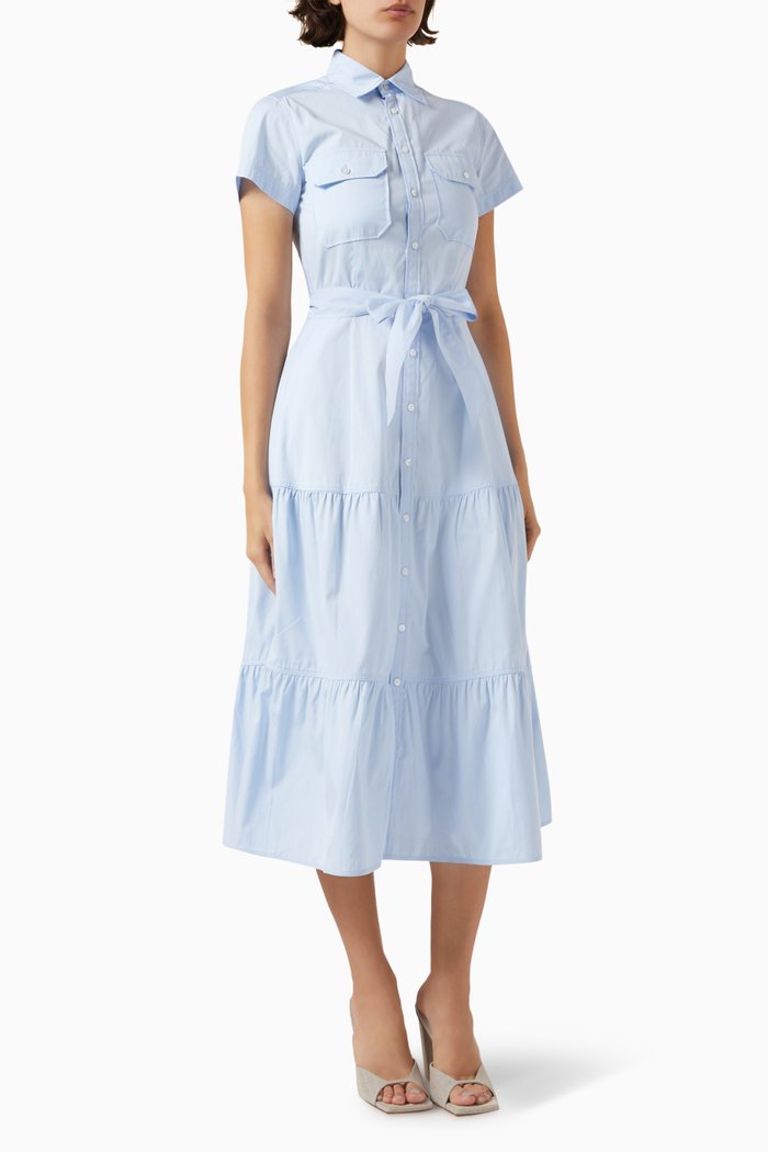 

Belted Day Dress in Cotton, Blue