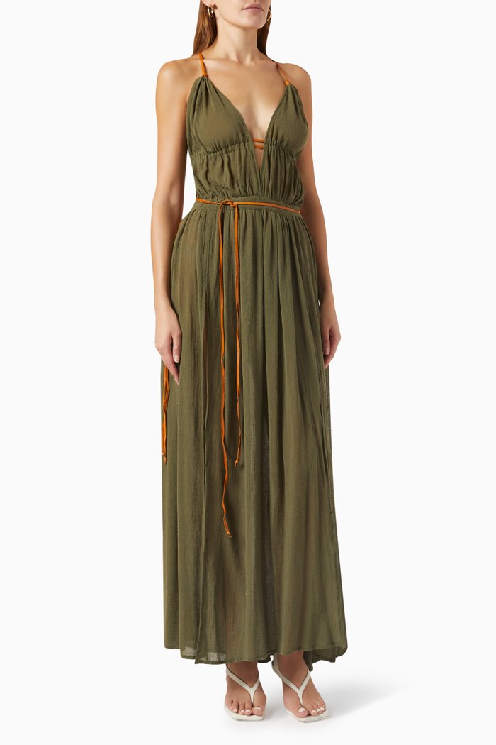 

Pomolche Leather-trimmed Maxi Dress in Cotton-gauze, Green