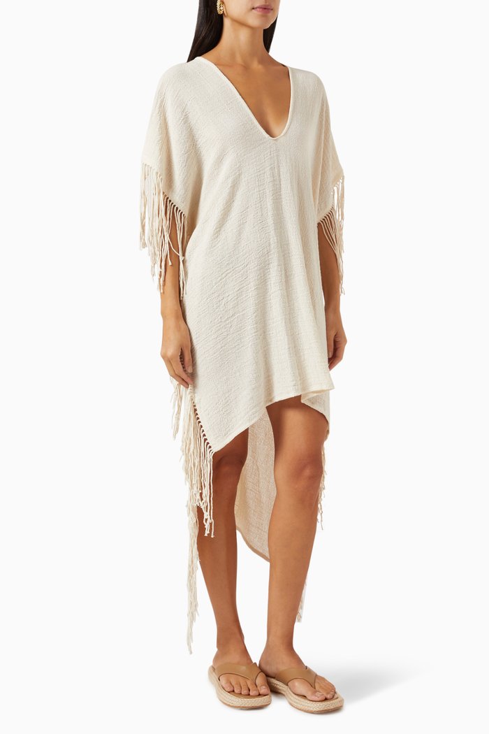 Butub Fringed Midi Dress in Cotton-jute, Neutral