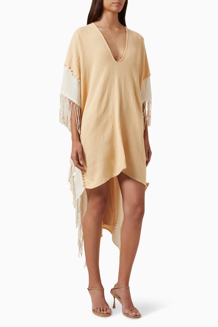 

Wisa Bi-color Fringed Dress in Cotton Jute, Neutral
