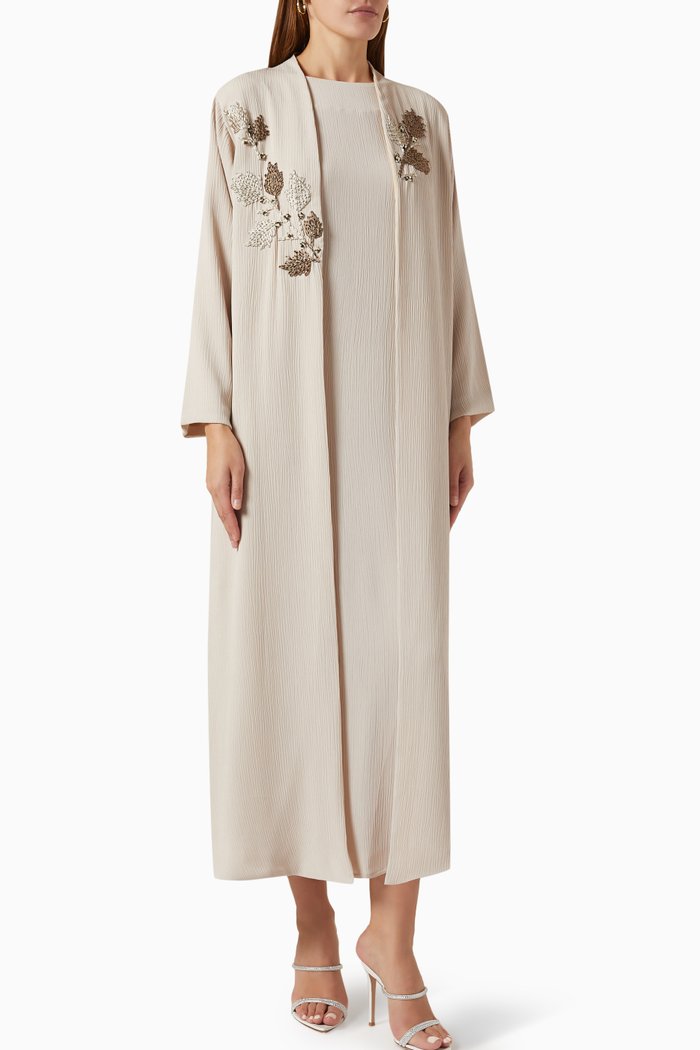 

Floral Sequin-embroidered Abaya in Crinkle Crepe, Neutral